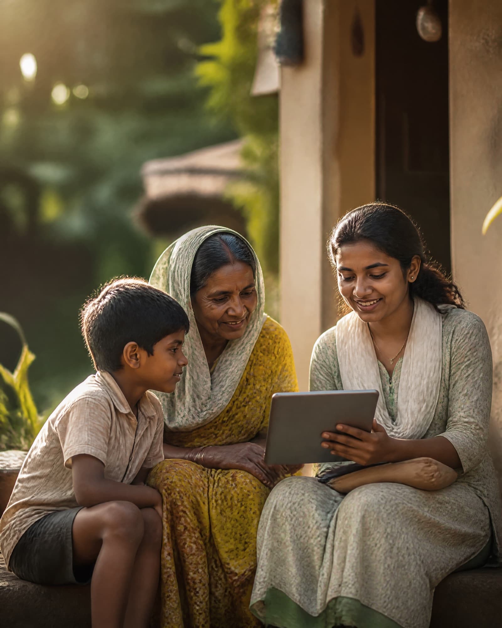 A Well-being Champion shows a tablet to a family at their doorstep in the warm evening light.