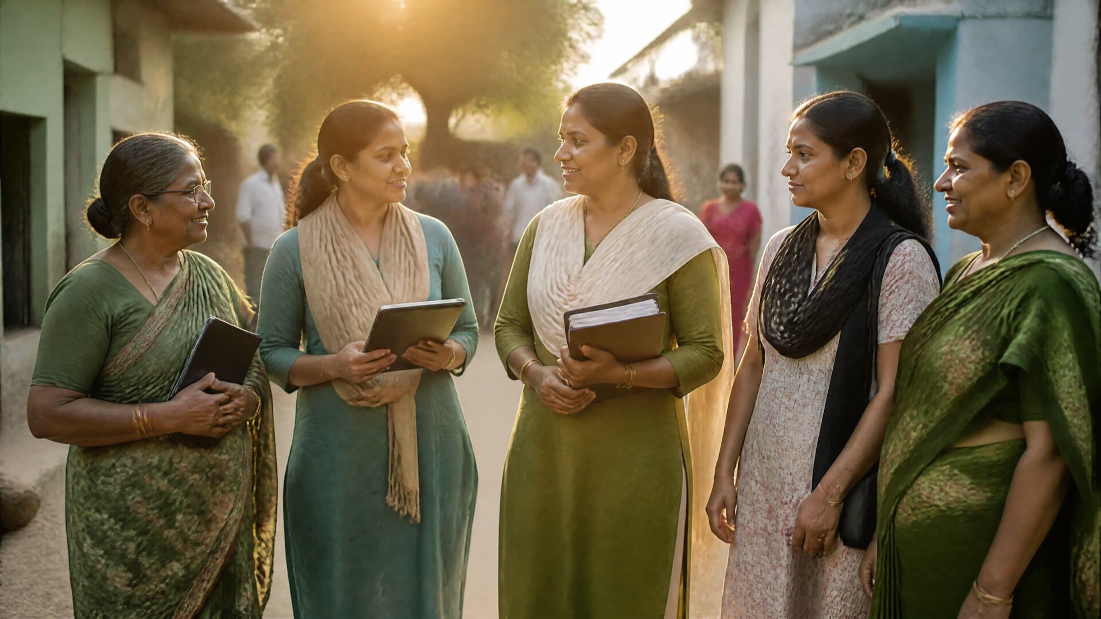 Well-being Champions of different ages stand together in a community lane at golden hour, some holding tablets and folders.